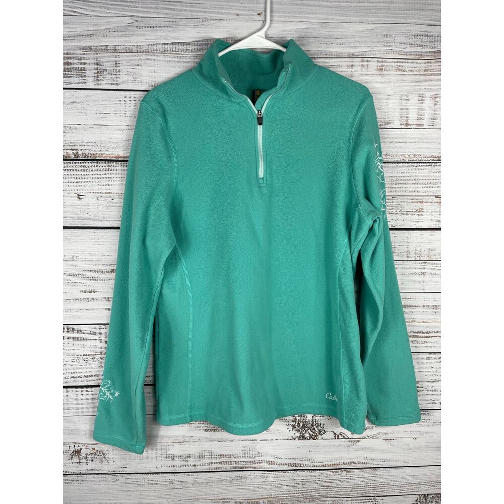Cabelas Teal Fleece Popover 1/4 Zip Sweater Medium Baselayer Embroidered Outdoor